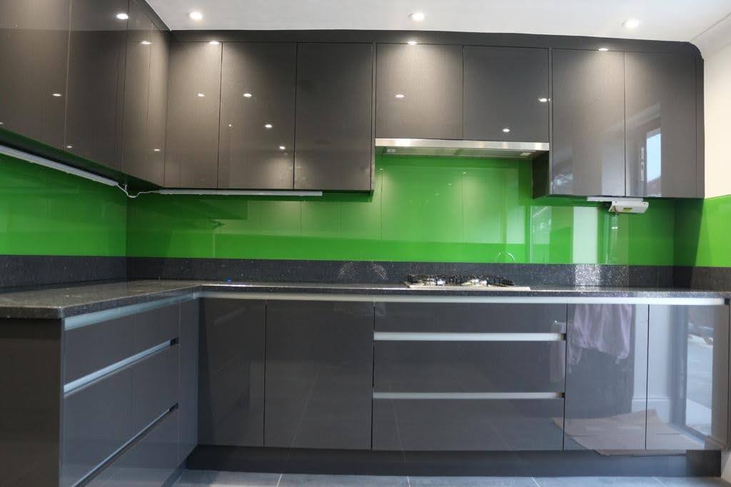 Coloured kitchen glass splashback, London